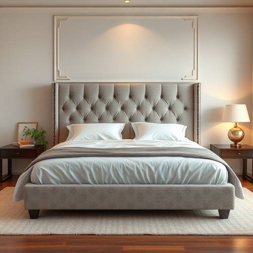 Cama king-size com cabeceira estofada em um quarto aconchegante.