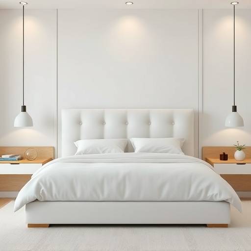 Cama king-size com cabeceira estofada em linho branco e detalhes em madeira clara, criando um ambiente de quarto tranquilo e elegante.