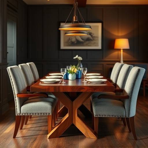 Mesa de jantar de madeira maci√§a com cadeiras estofadas.