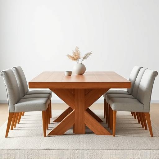 Mesa de jantar retangular feita de madeira maci√§a com acabamento natural, acompanhada de cadeiras estofadas em tons neutros.