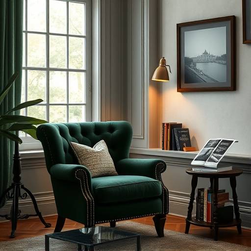 Poltrona confort√°vel com revestimento em veludo verde escuro e detalhes em capiton√™, ideal para criar um cantinho de leitura aconchegante.